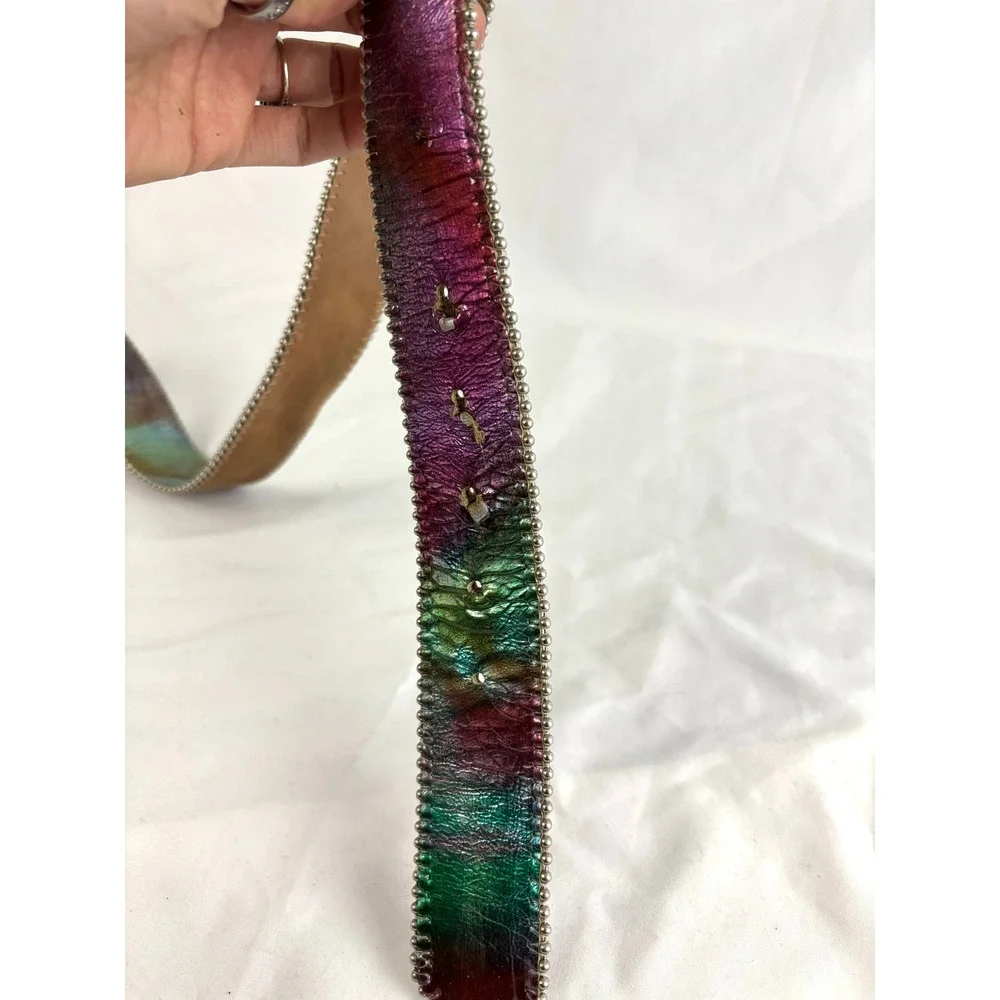 Vintage Rhinestone Belt Made in Spain Wide Leather Aurora Borealis Buckle Y2K
